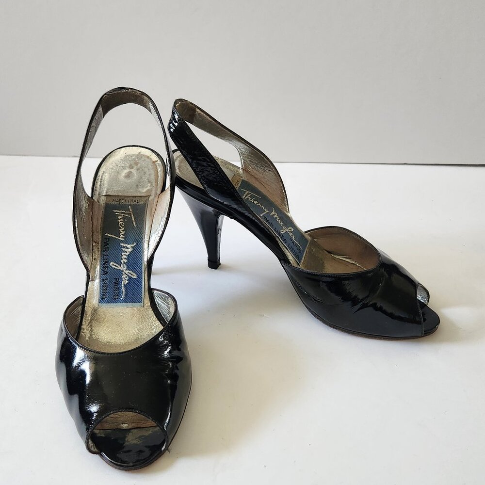 Thierry Mugler Vintage Black Patent Peep Toe Pump Sandal ala Marilyn Monroe 6.5